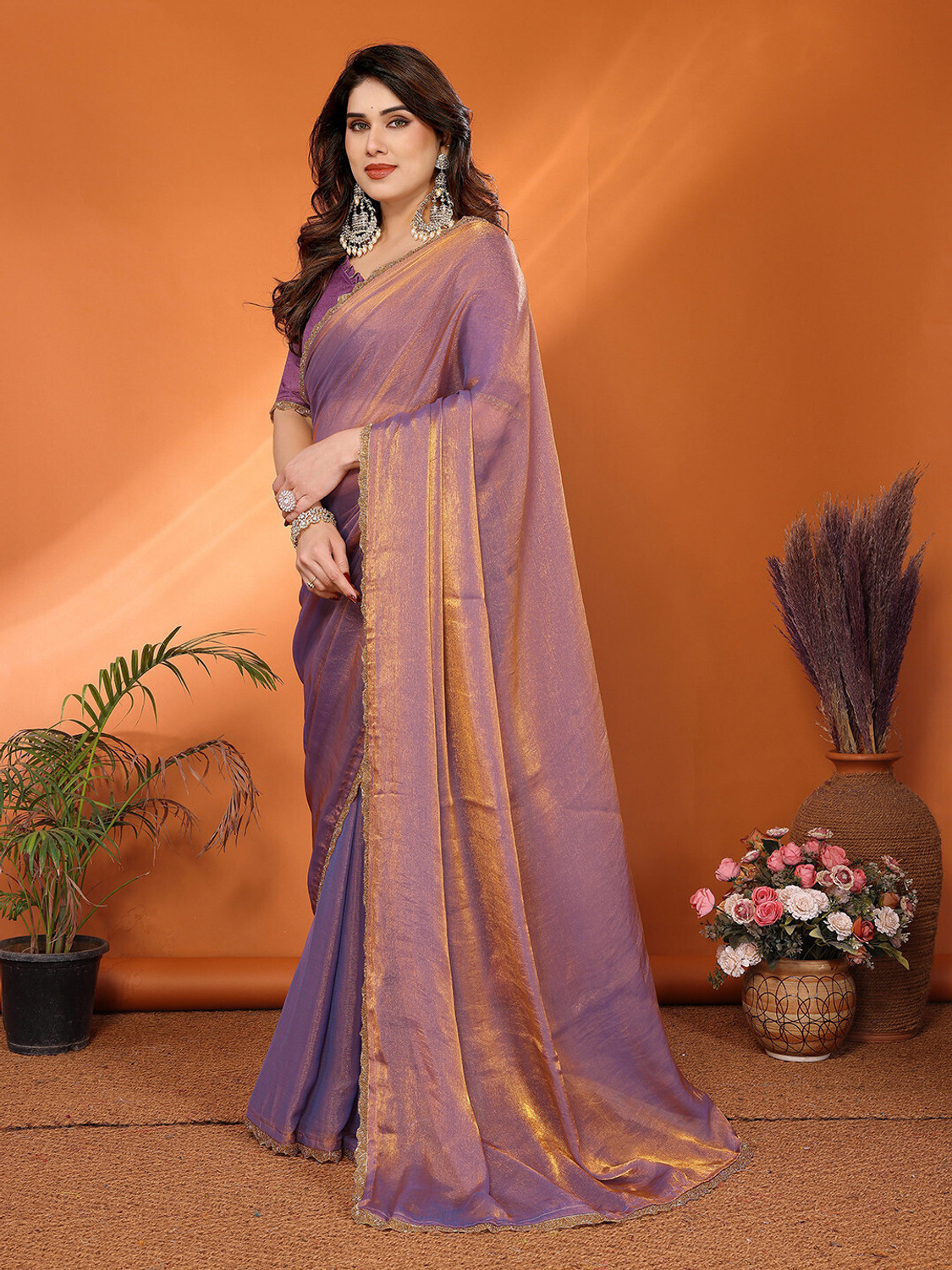 Image of kashvi sarees Embellished, Solid /Plain, Self Design Bollywood Tissue Saree