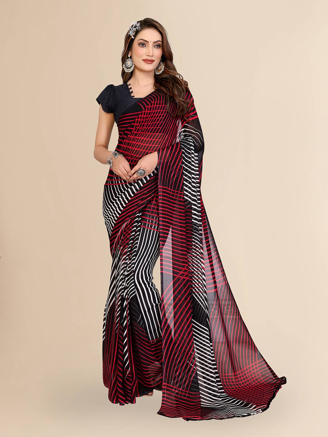 Anand Sarees Striped, Printed Leheria Georgette Saree