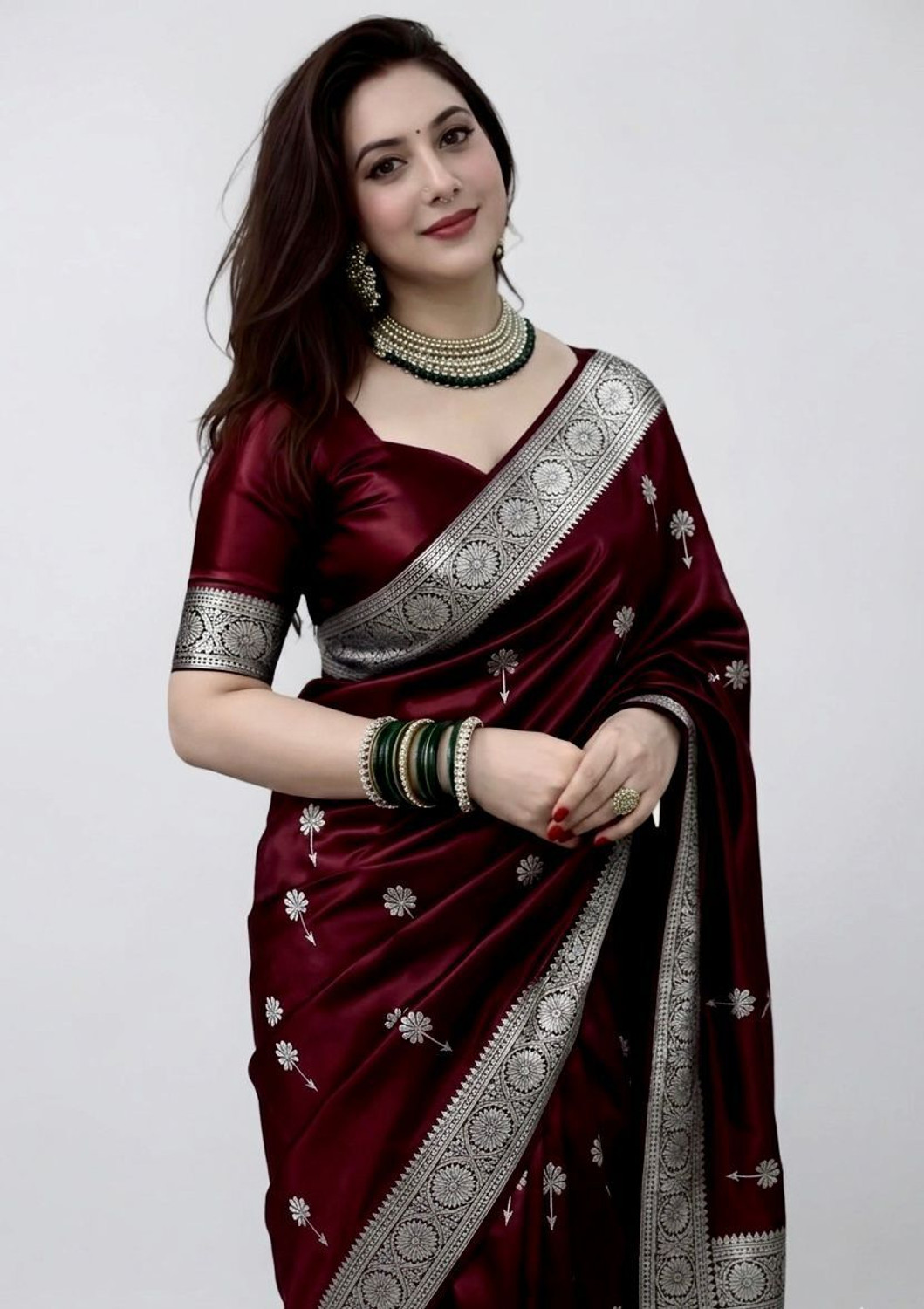 Image of BANARASI LOOM SARIS Woven, Floral Print, Embroidered Banarasi Satin Saree