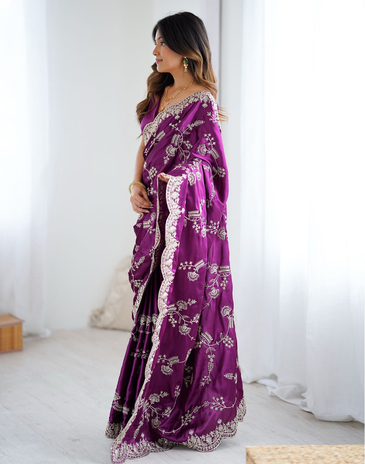 Image of Satrani Embroidered, Embellished Bollywood Satin Saree