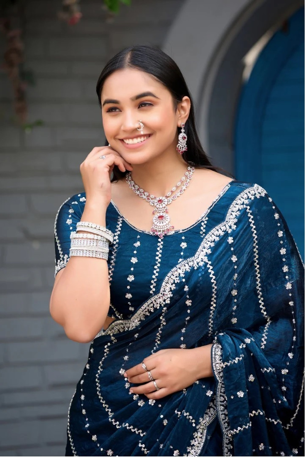 Image of Riddhi textile Hub Embellished, Embroidered Bollywood Satin Saree