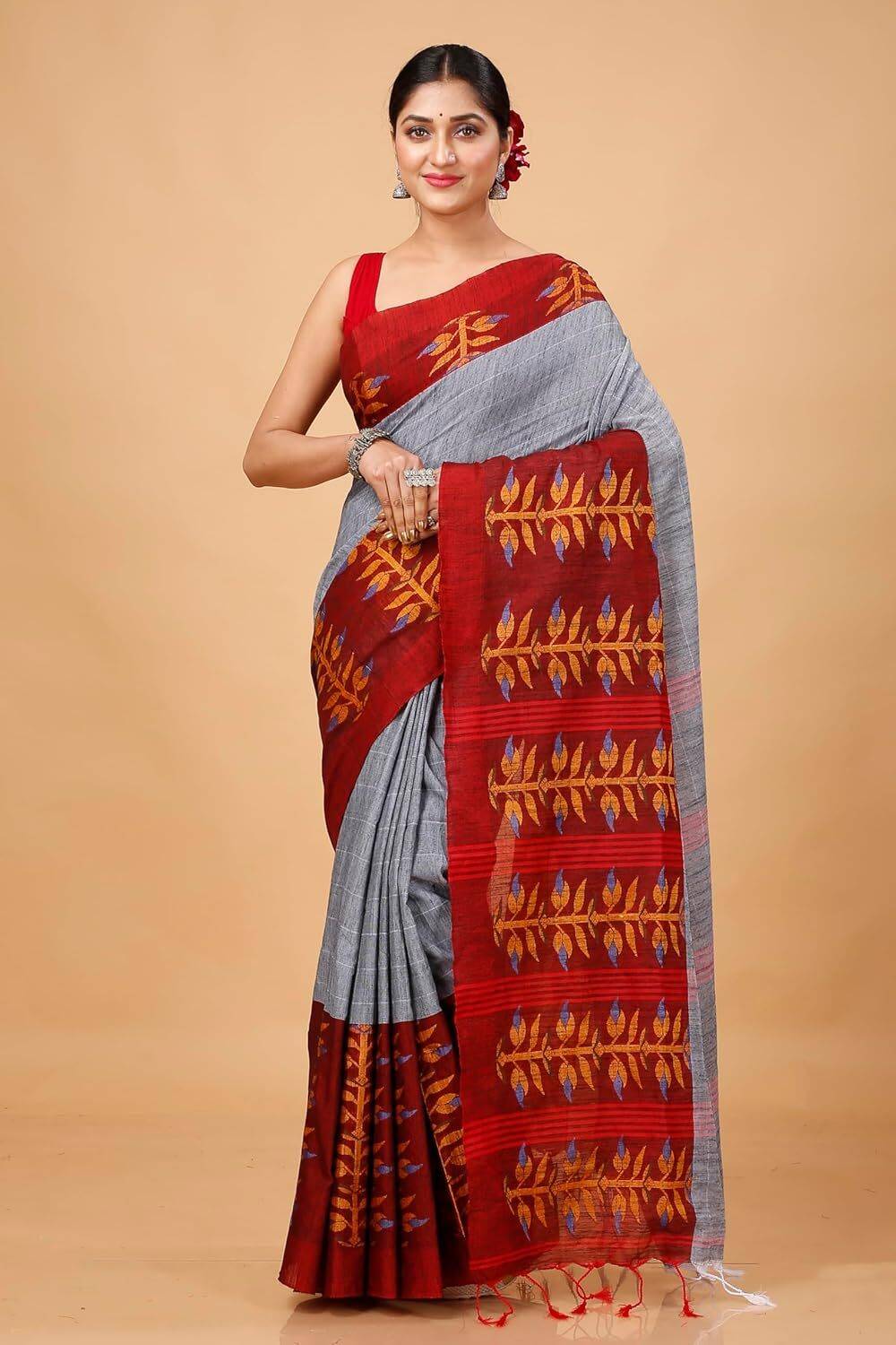 ADbutiq Woven, Floral Print, Striped Tant Handloom Pure Cotton Saree