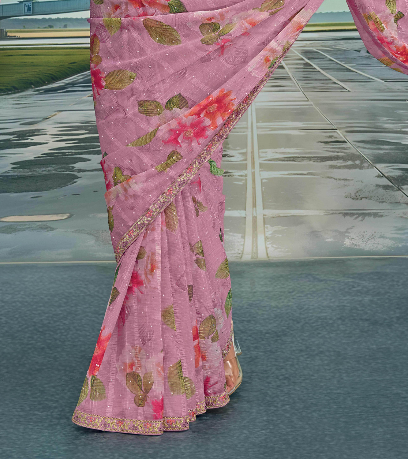 Image of Laxmipati sarees Printed Saree with Attached Blouse Chiffon Saree