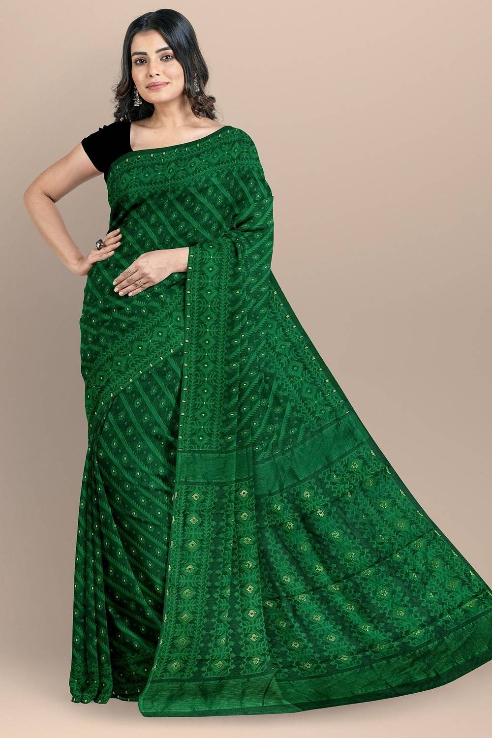 cloud vastra Woven Jamdani Cotton Blend Saree (Dark Green)