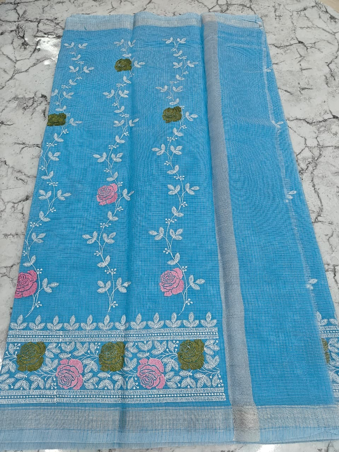 Image of Tilfelle Embroidered Kota Doria Cotton Blend Saree