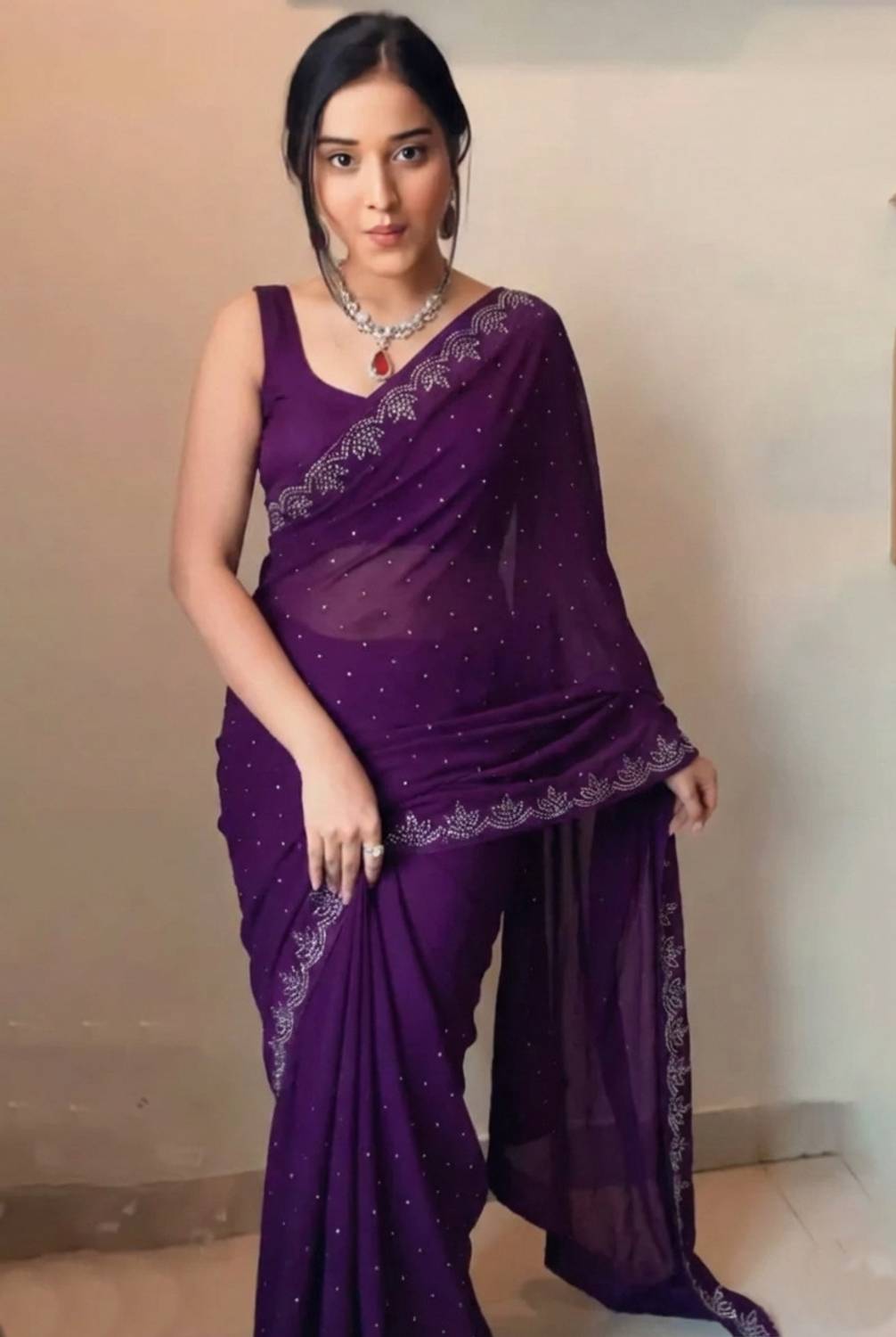 REXZA Self Design Daily Wear Georgette Saree (Purple)