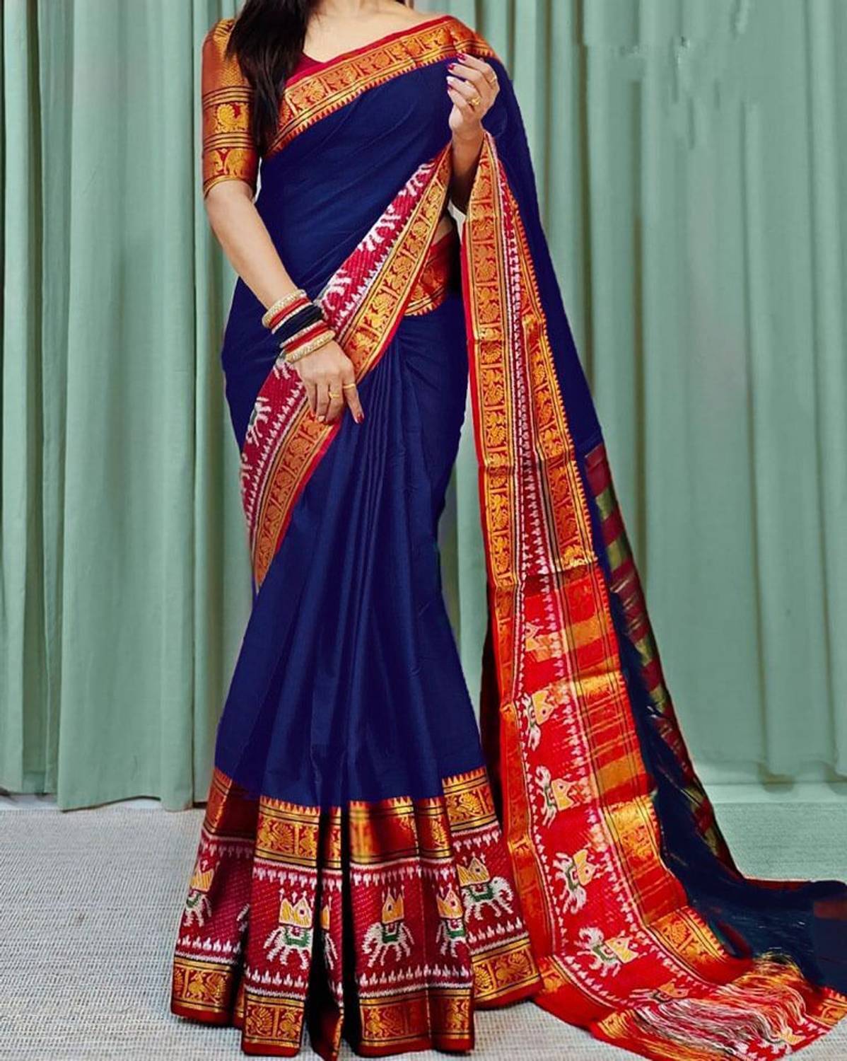 SuperLaxmi Woven Narayanpet Cotton Silk Saree (Dark Blue)
