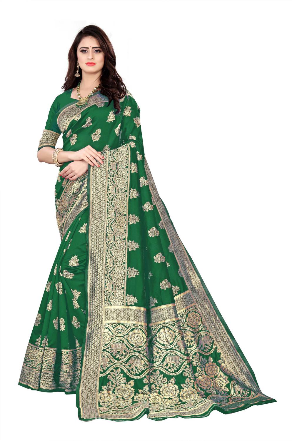 TIGERSNAKE Woven Kasavu Silk Blend Saree (Green)