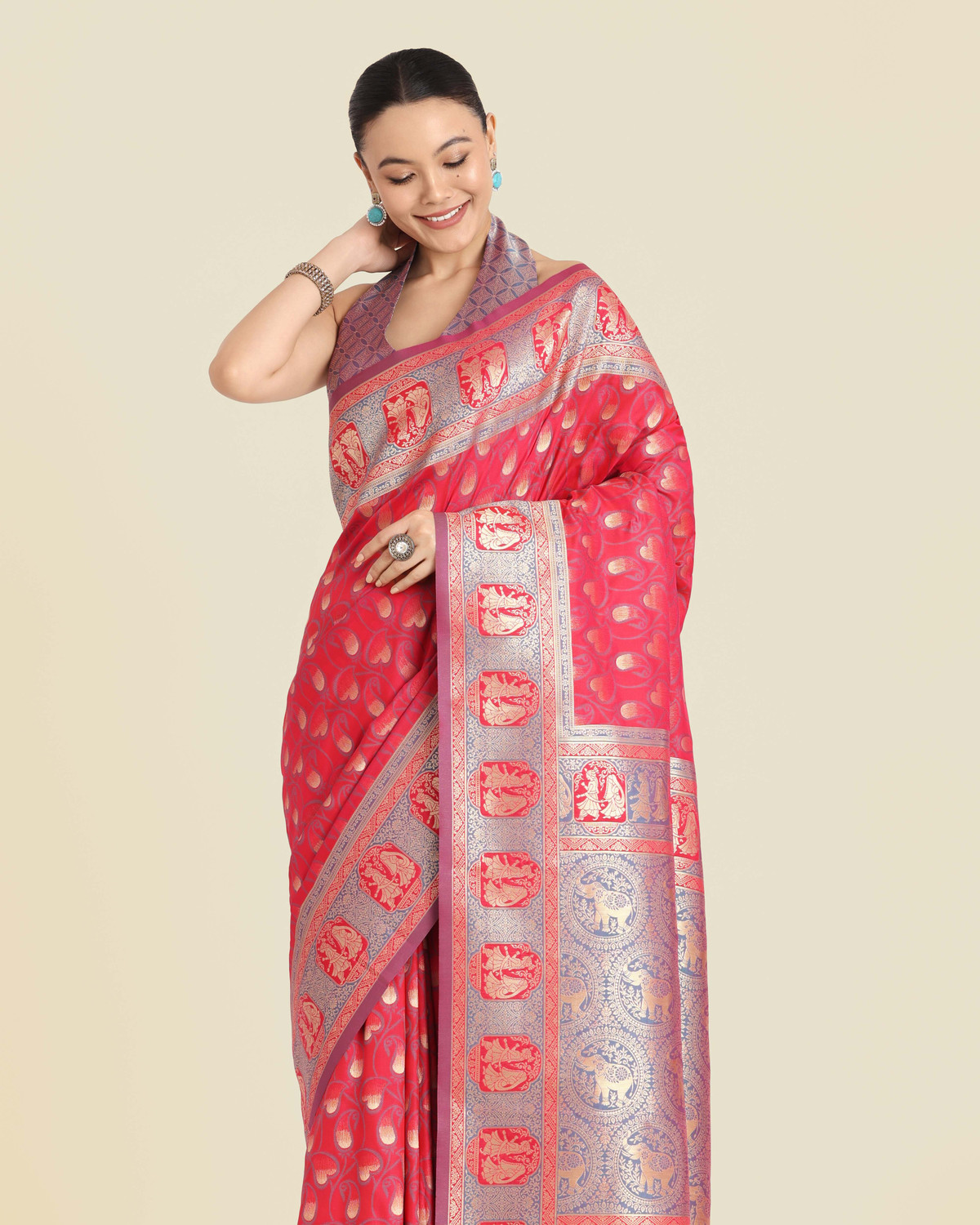 Image of Monjolika Fashion Woven, Embellished Banarasi Silk Blend Saree (Pink)