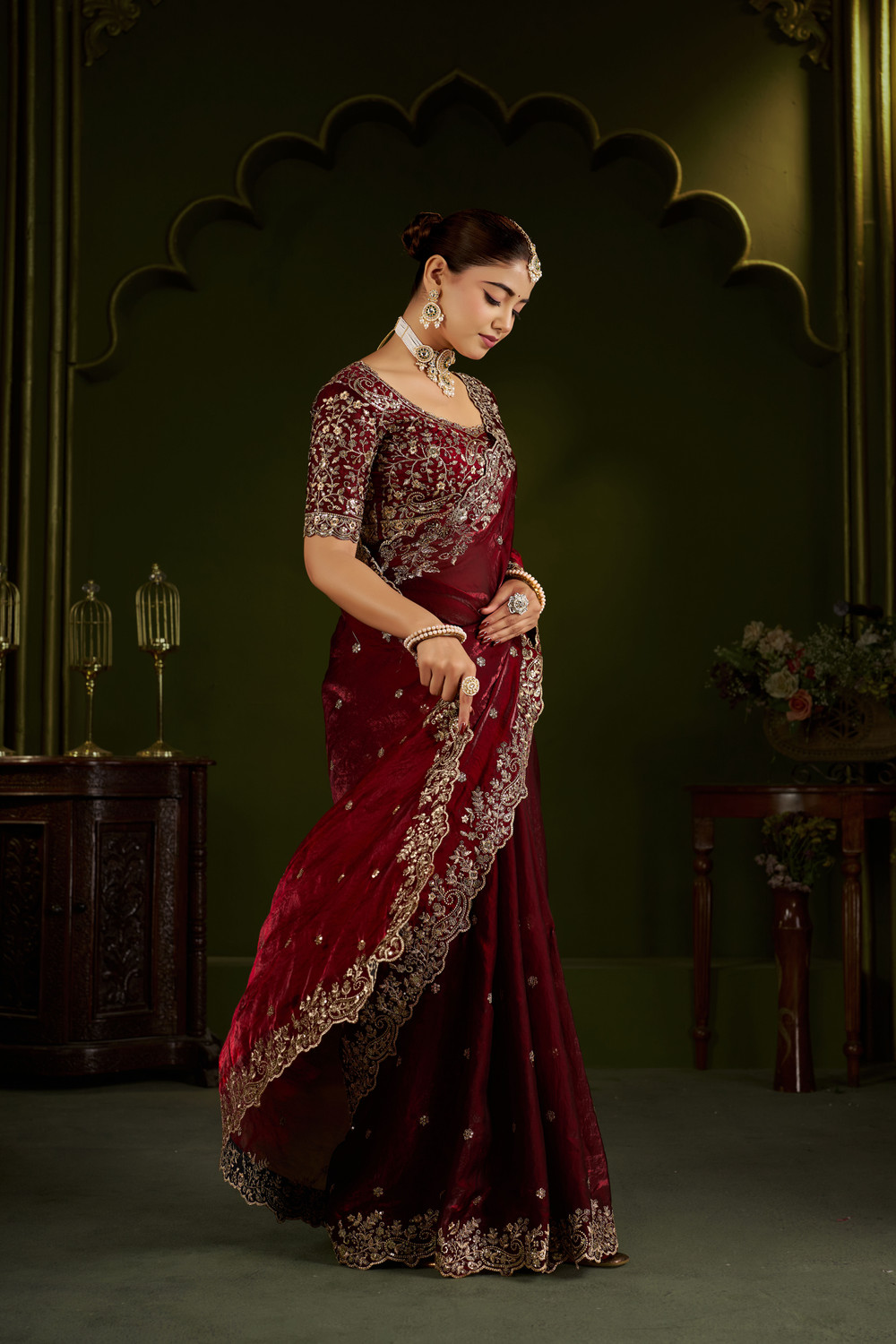 Image of QVIDYA Embroidered, Embellished Bollywood Jimmy Jimmy, Organza Saree