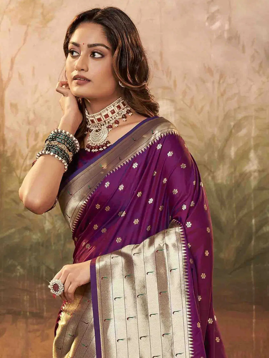 Image of Kalapushpi Woven Paithani Silk Blend, Pure Silk Saree