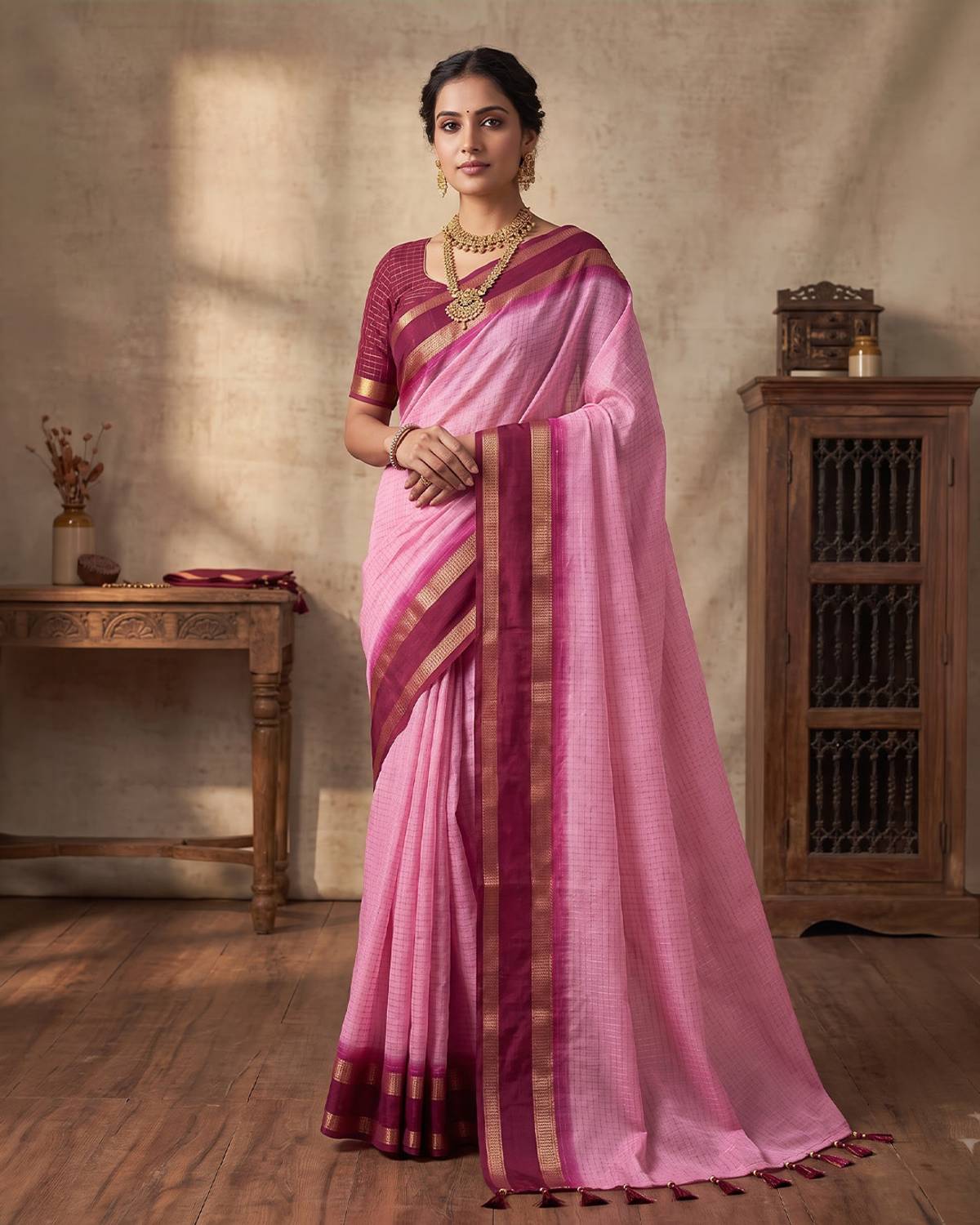 KASTURI Checkered Bollywood Georgette Pink Saree - Image 1