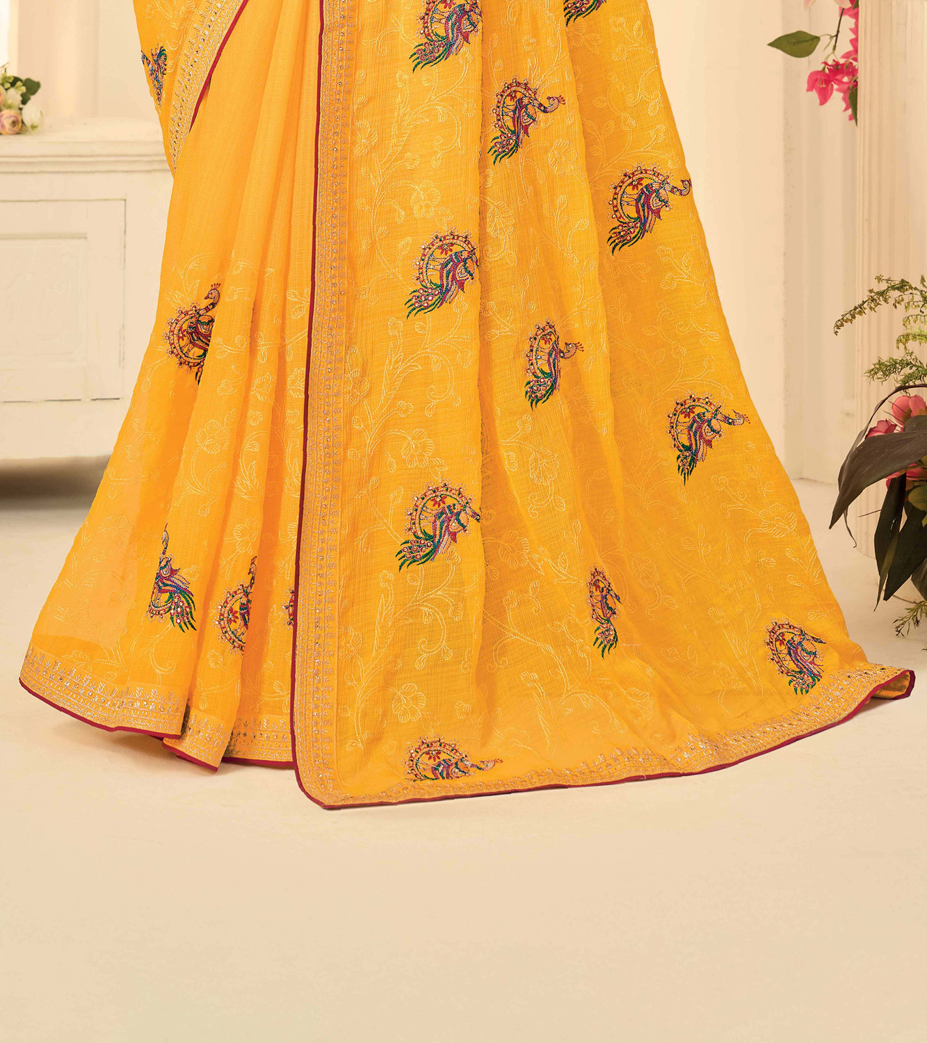 Image of Laxmipati sarees Embroidered Saree with Attached Blouse Chiffon Saree (Yellow)