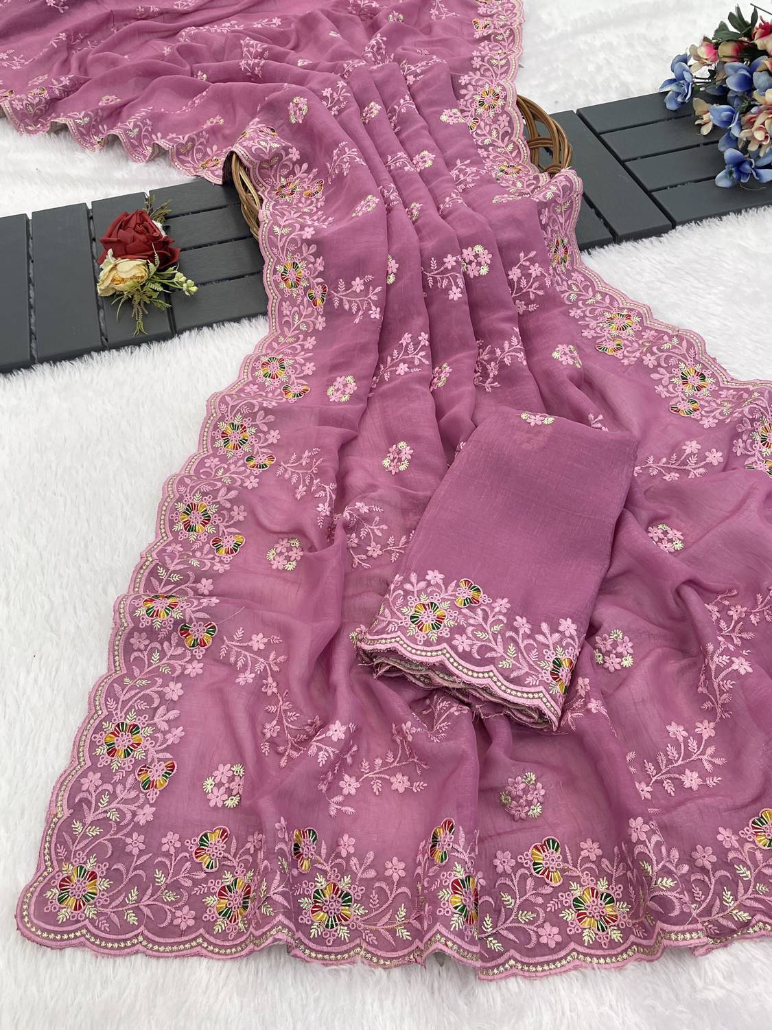 niesha fashion Embroidered Bollywood Shifon Sari - Image 2