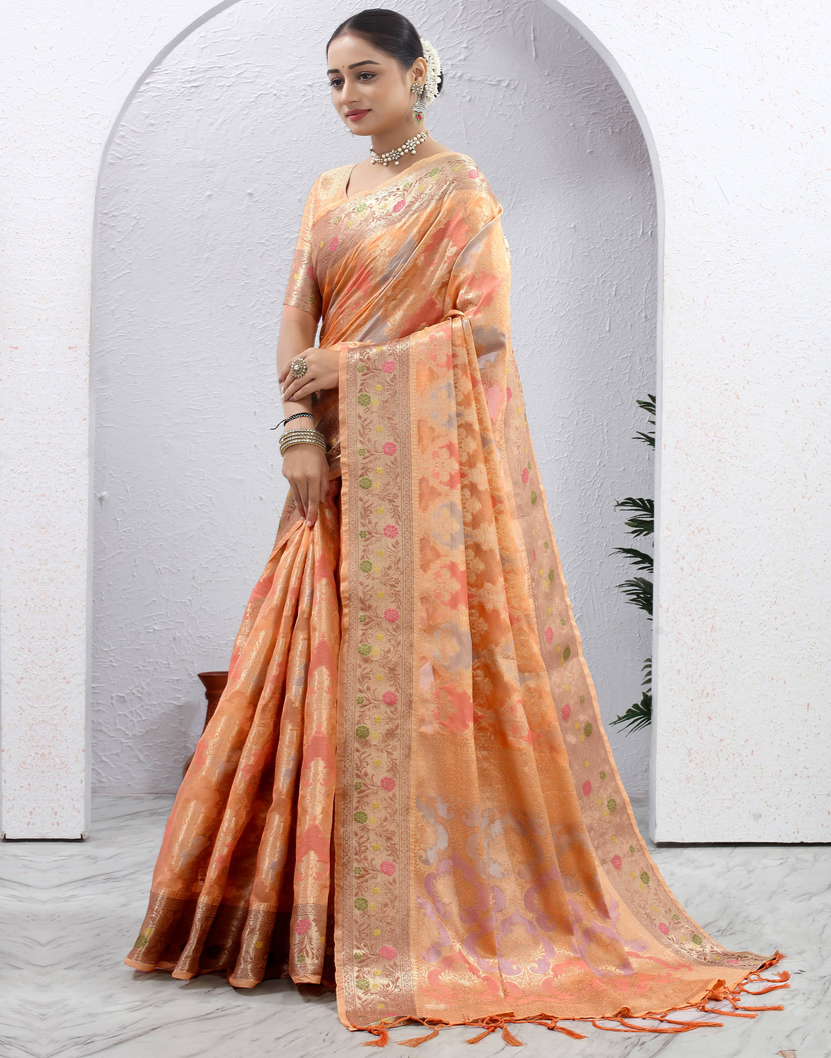 Image of Samah Woven, Embellished Banarasi Silk Blend Saree