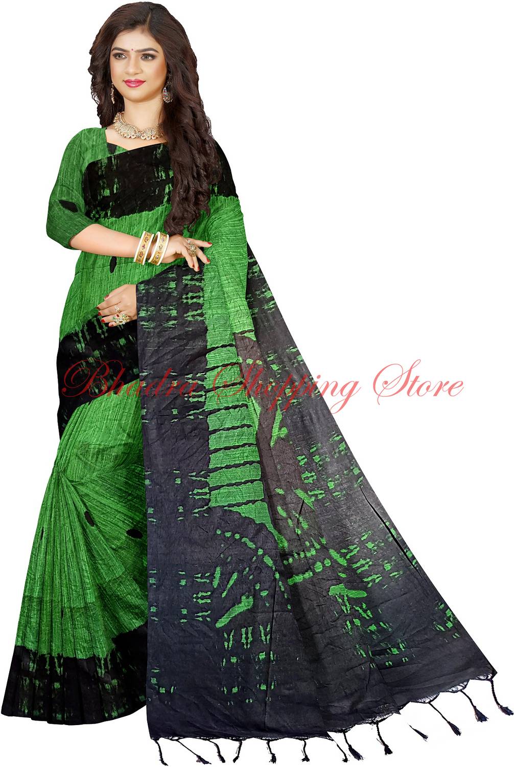 Bhadra Shopping Store Printed Ikkat Viscose Rayon, Cotton Blend Saree