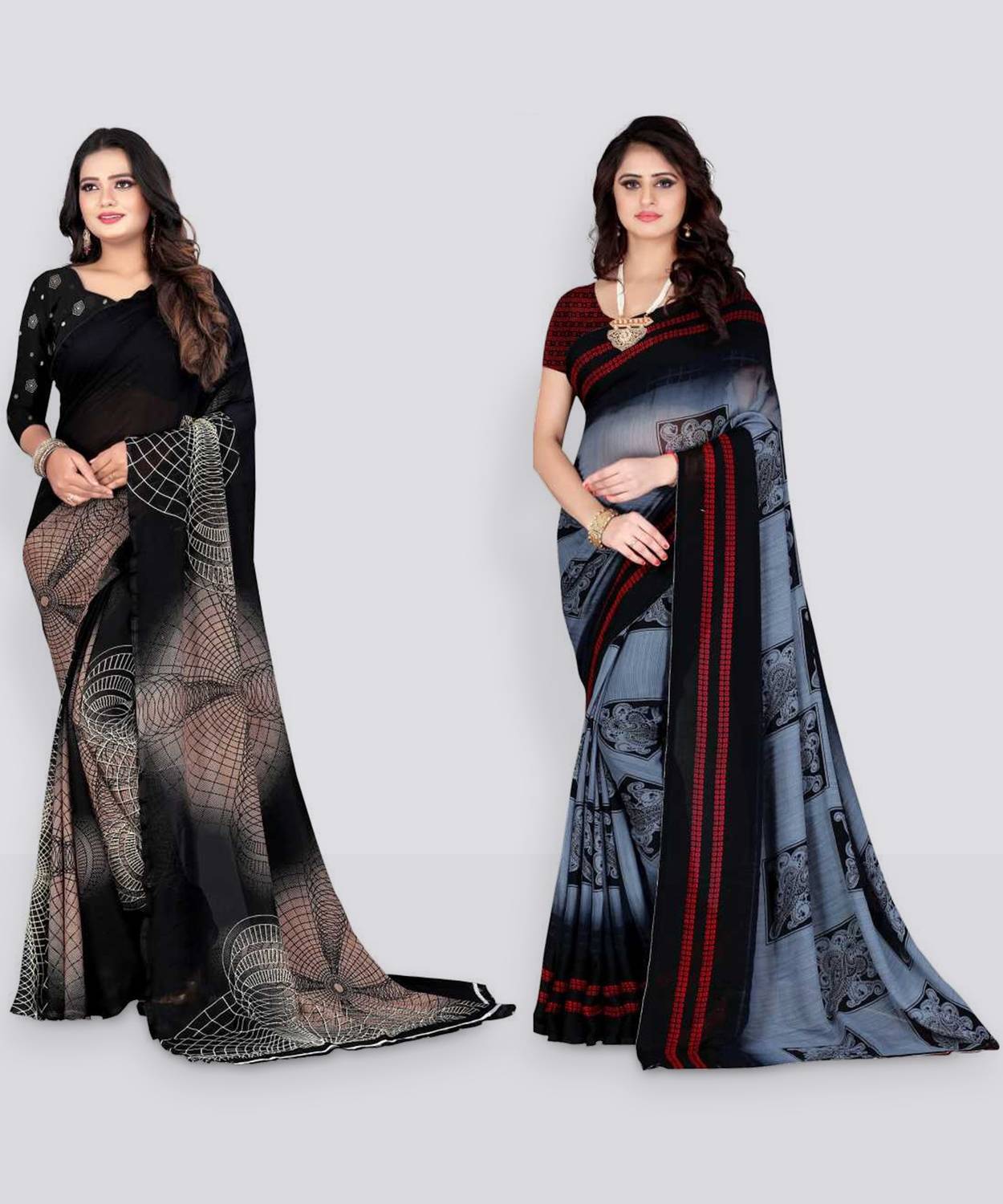 Leelavati Printed Daily Wear Georgette Saree (Pack of 2, Black, G