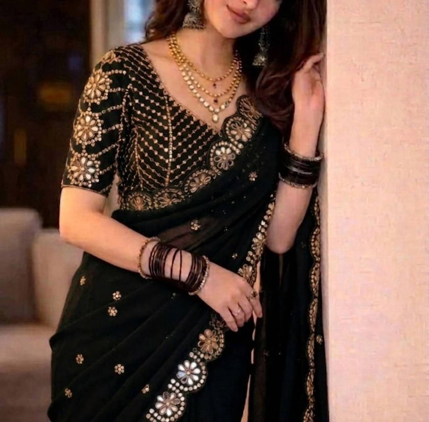 jashvicreation Embellished Bollywood Georgette Saree Black - Image 3
