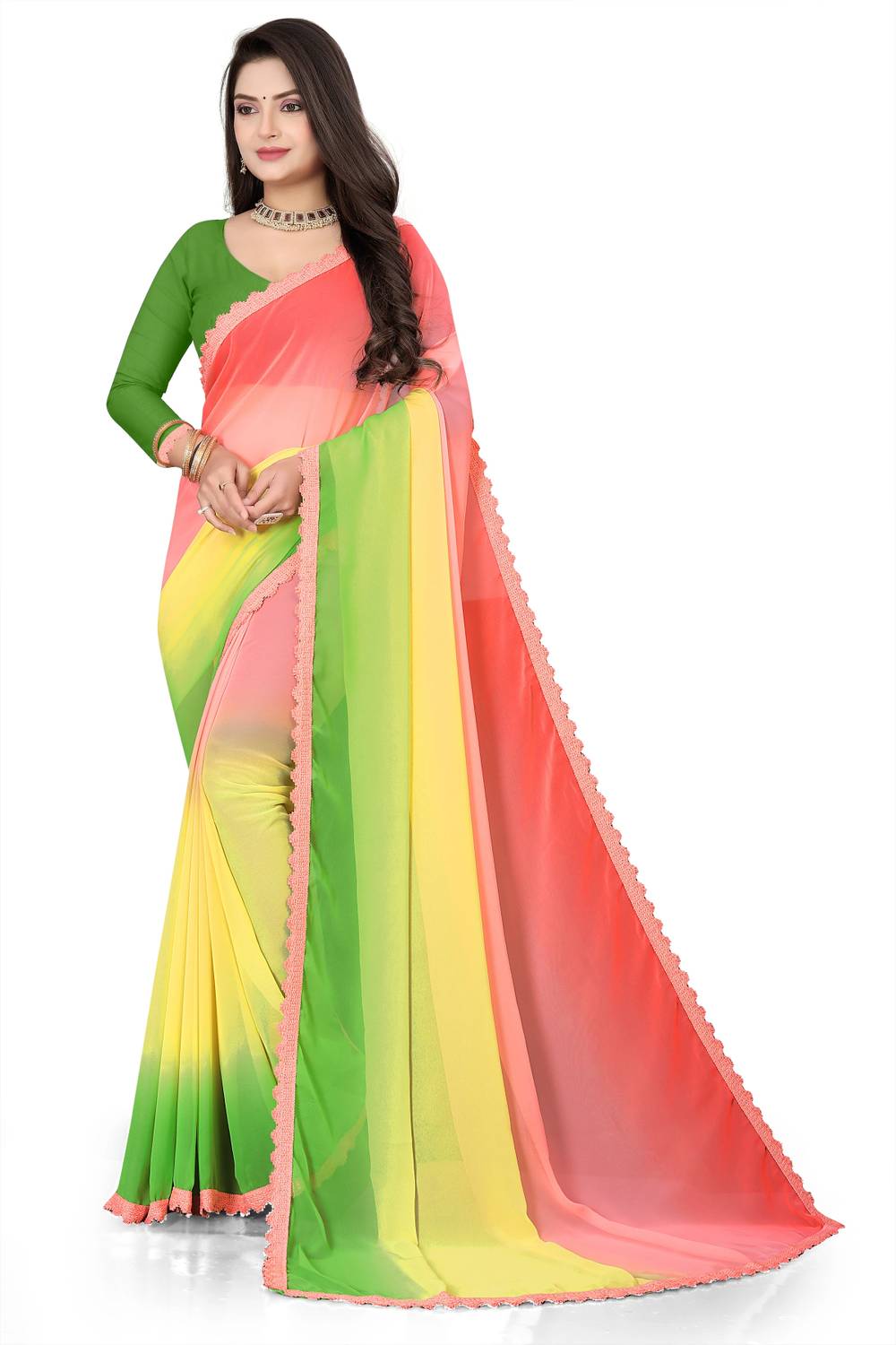 fashionday Self Design Bollywood Georgette Saree (Yellow, Green,