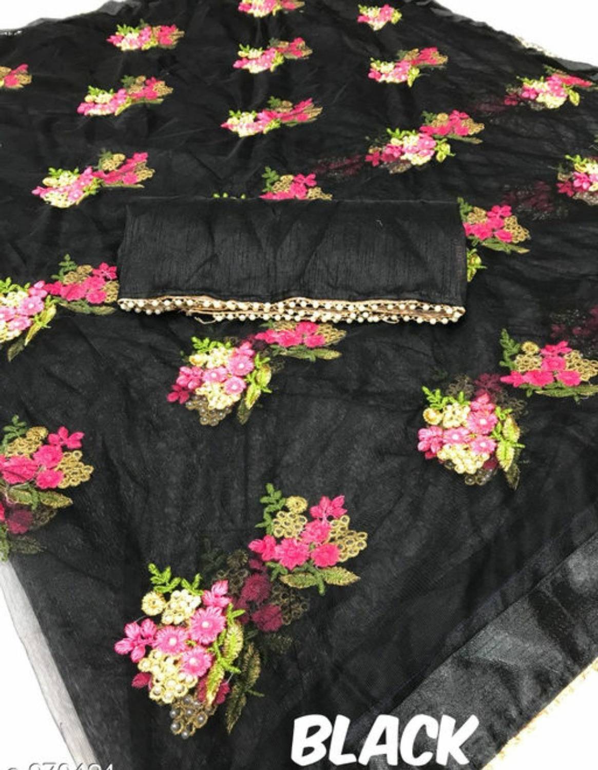 vallavi fashion Embroidered Bollywood Net Saree (Black)