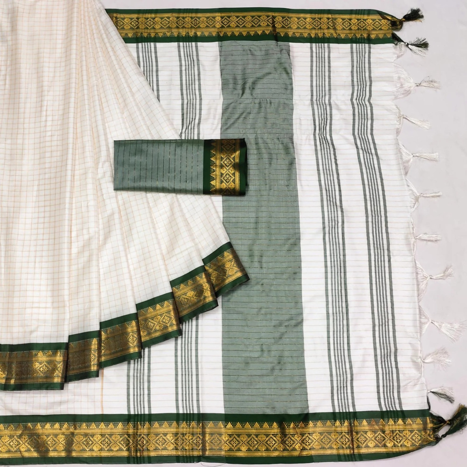Image of FashionPallavi Woven, Embellished, Self Design, Striped Baluchari Cotton Silk, Jacquard Saree