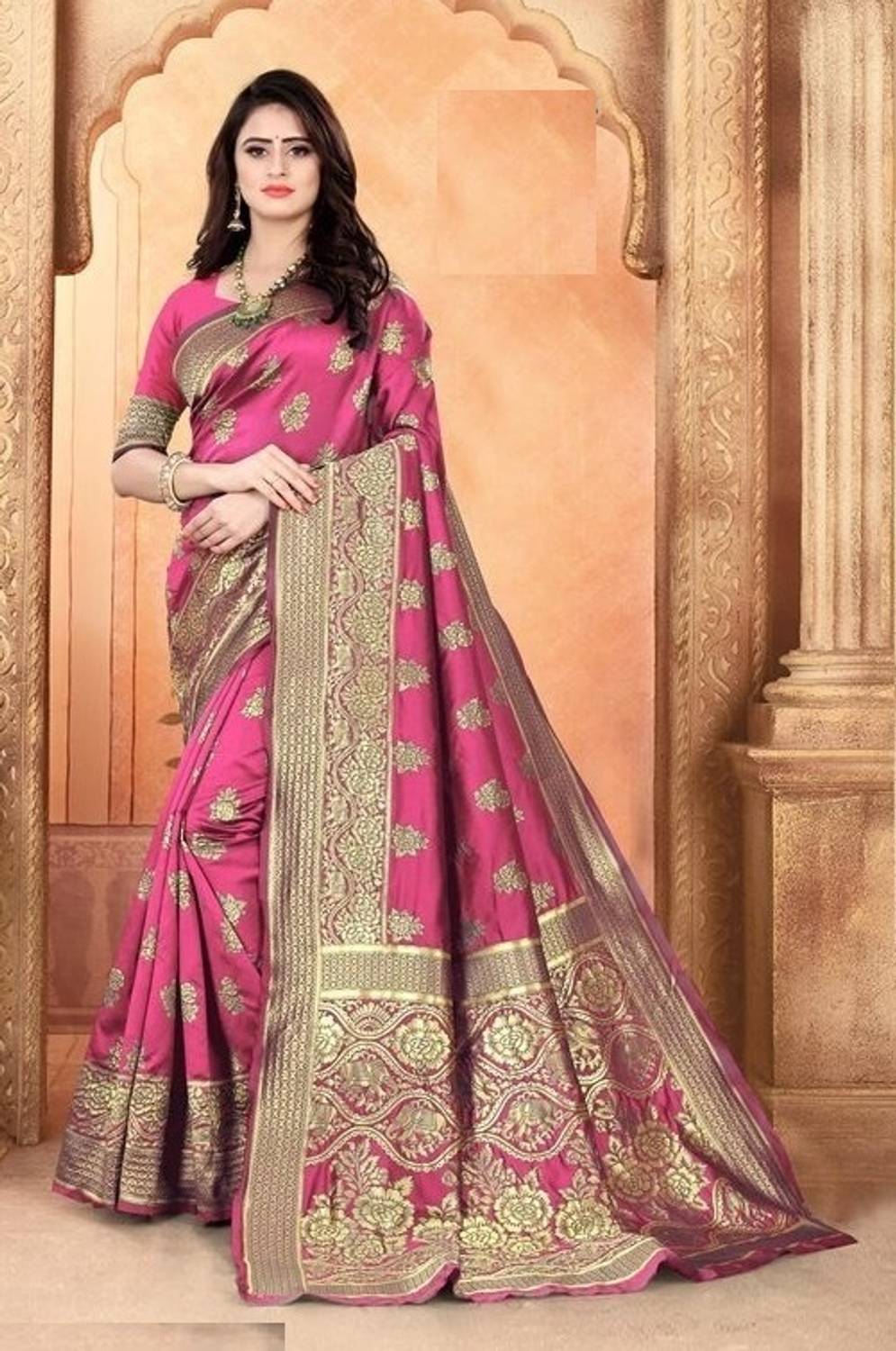 Aadvika Self Design Banarasi Cotton Blend, Pure Silk Saree