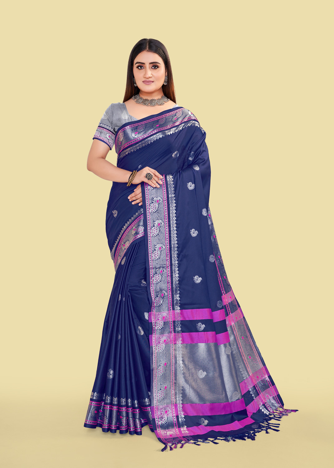 Image of VISVASTA Woven Kanjivaram Jacquard, Cotton Silk Saree