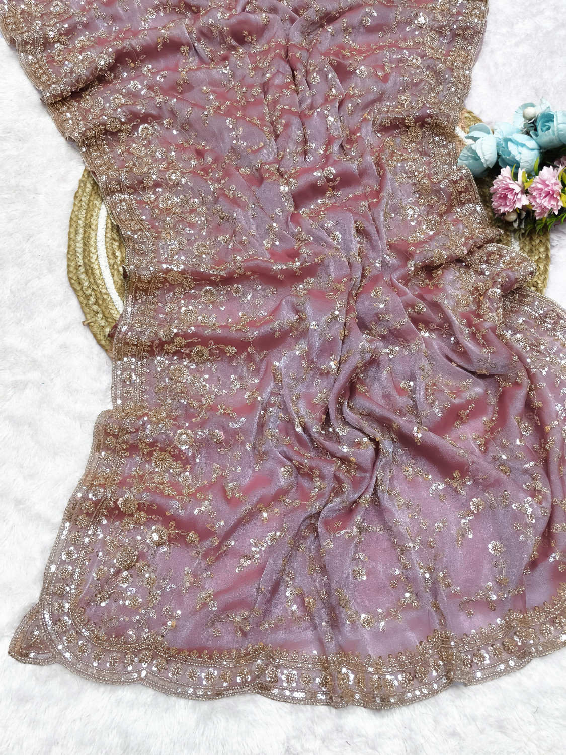 GEZREL Embroidered, Embellished Bollywood Organza Saree