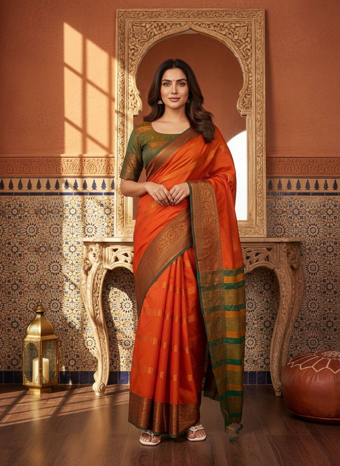 BHULAX Self Design Banarasi Jacquard, Art Silk Saree (Orange)