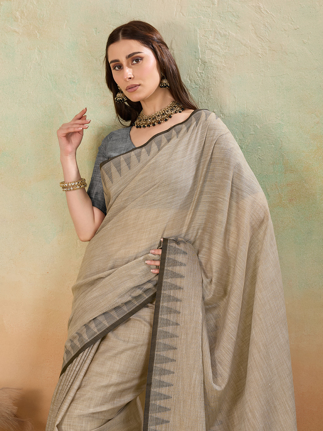 Image of BFM Woven Bollywood Linen Saree (Beige)