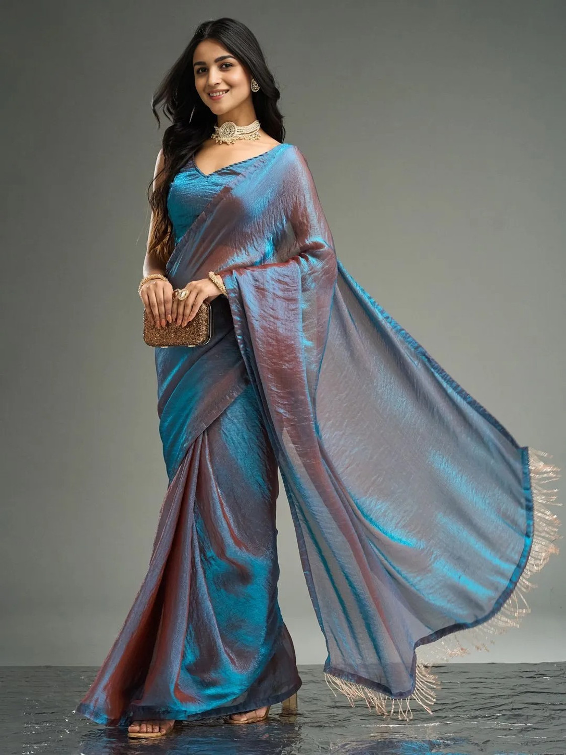Image of Sidhidata Solid /Plain Pre Draped Saree Chiffon Saree