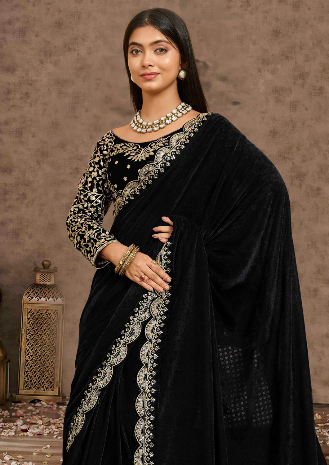 Image of adelyn Embroidered Banarasi Velvet, Cotton Blend Saree