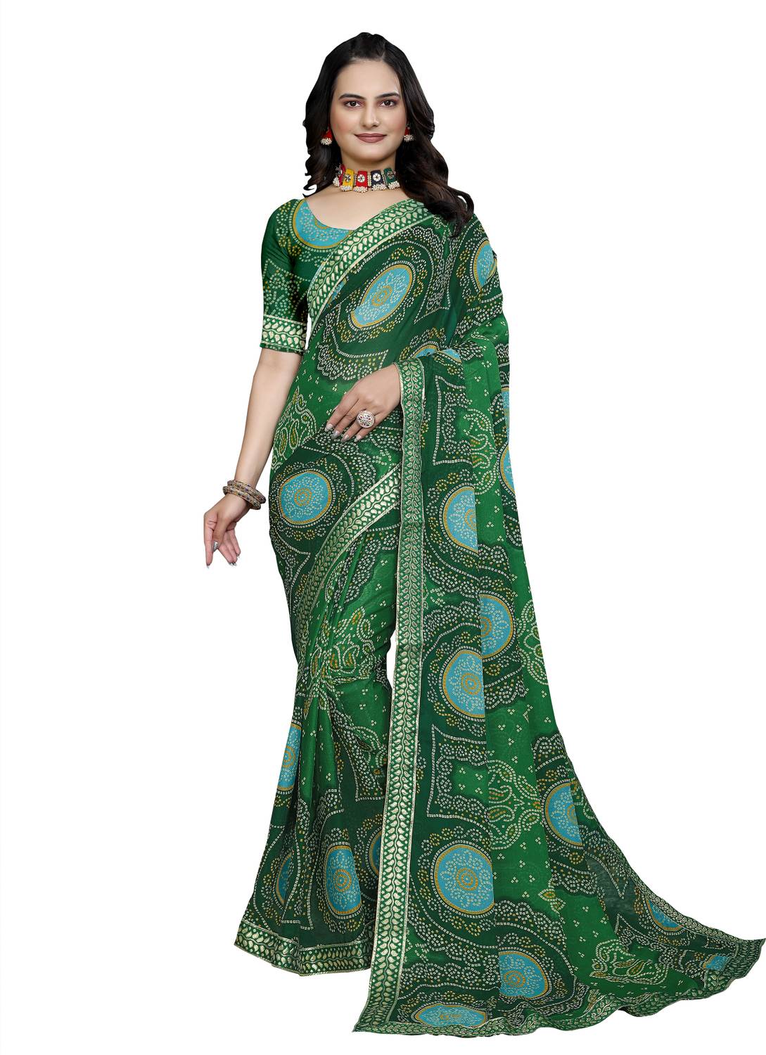 Kanooda Prints Printed Bandhani Georgette Saree (Green)