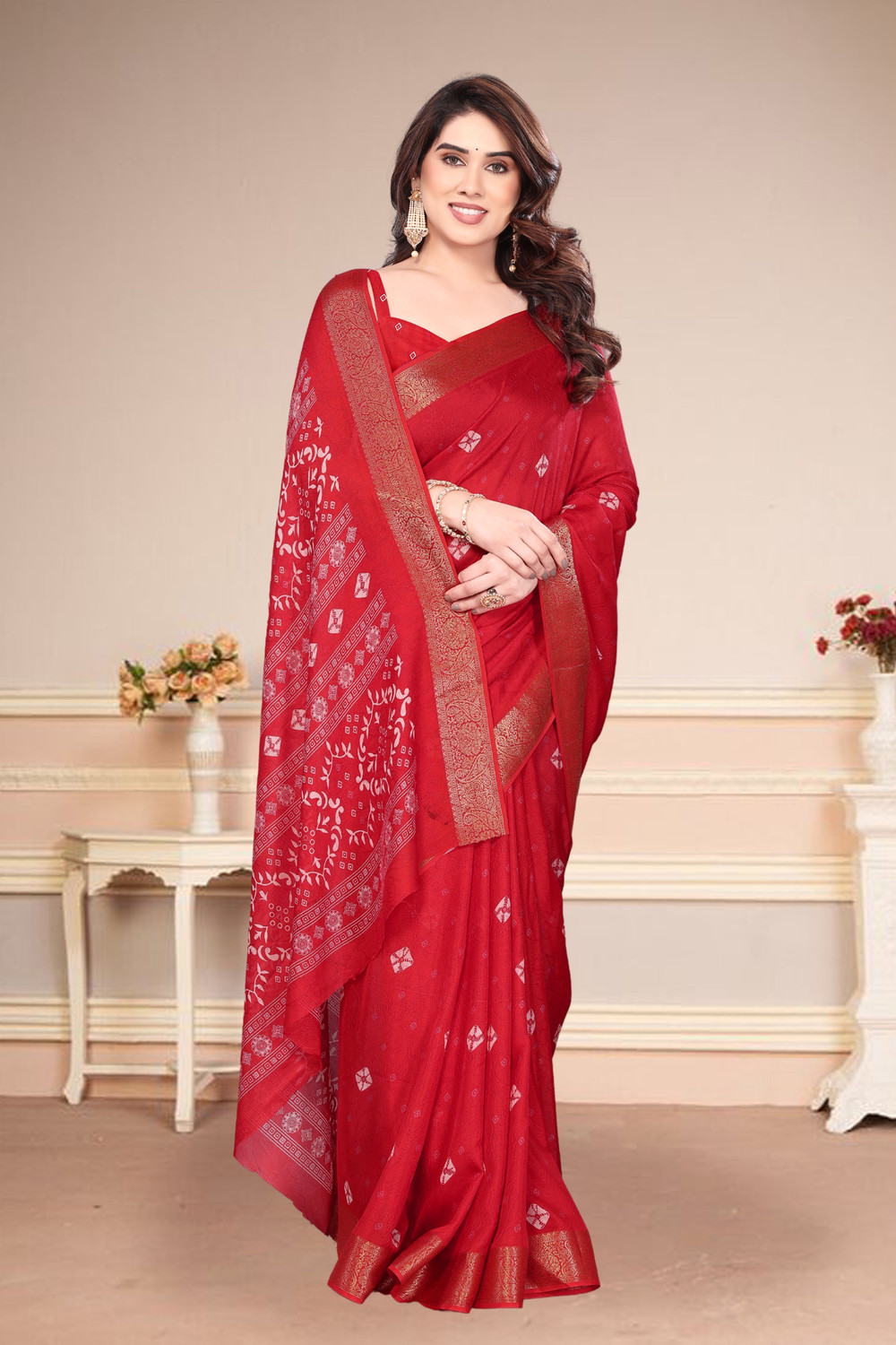Image of BilloRani Printed Bandhani Silk Blend Saree