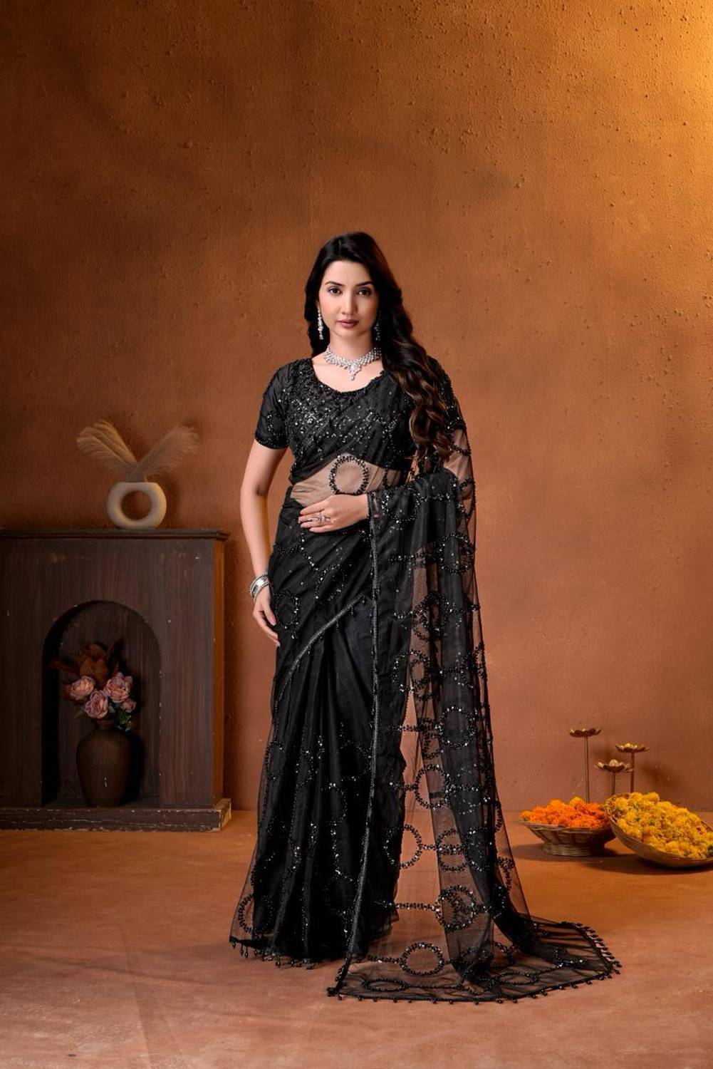 SBSTORE Embroidered Bollywood Net Saree Black - Image 1