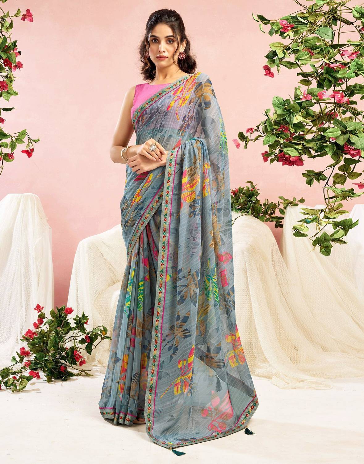 Samah Printed Daily Wear Georgette, Chiffon Saree (Grey)