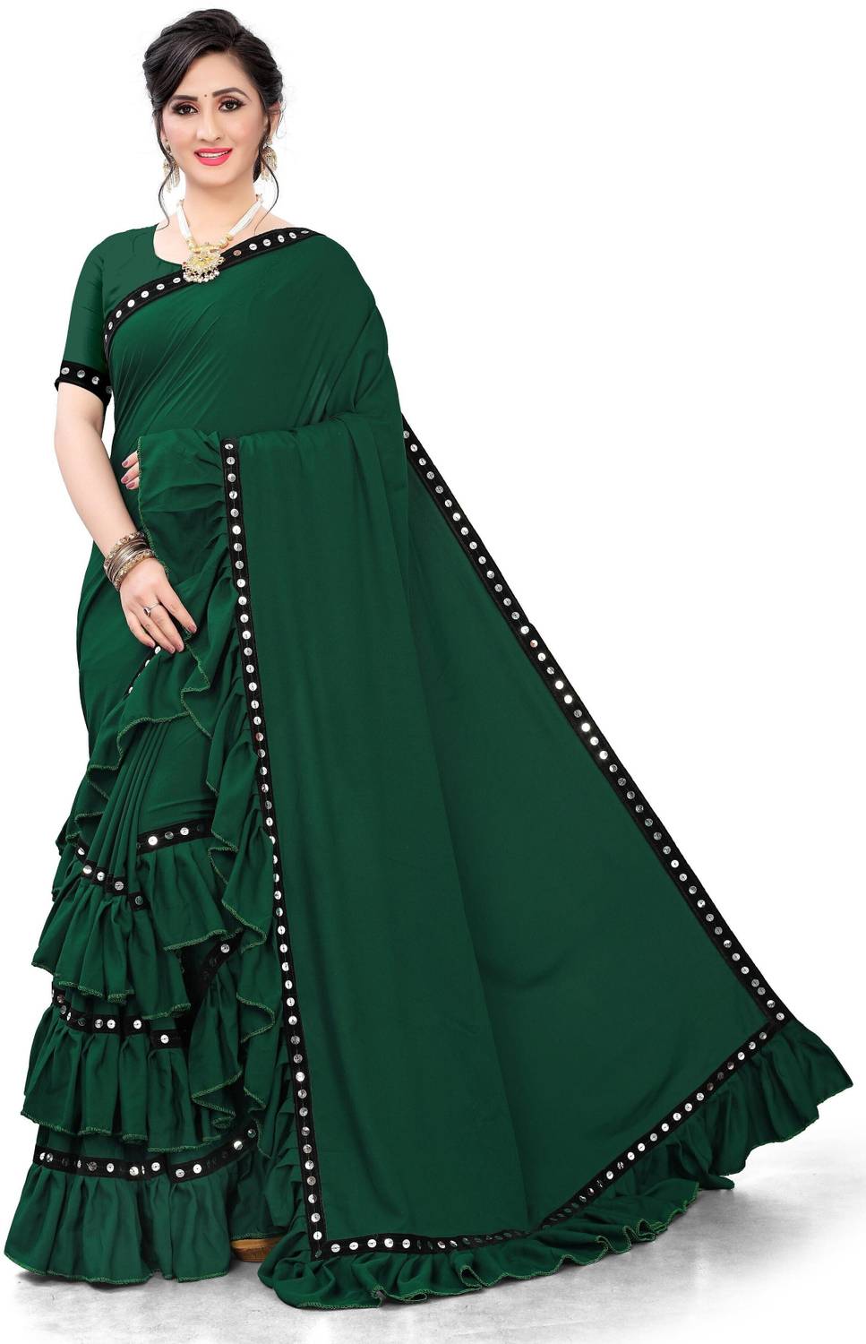 fentik.com Solid/Plain Bollywood Lycra Blend Saree (Dark Green)
