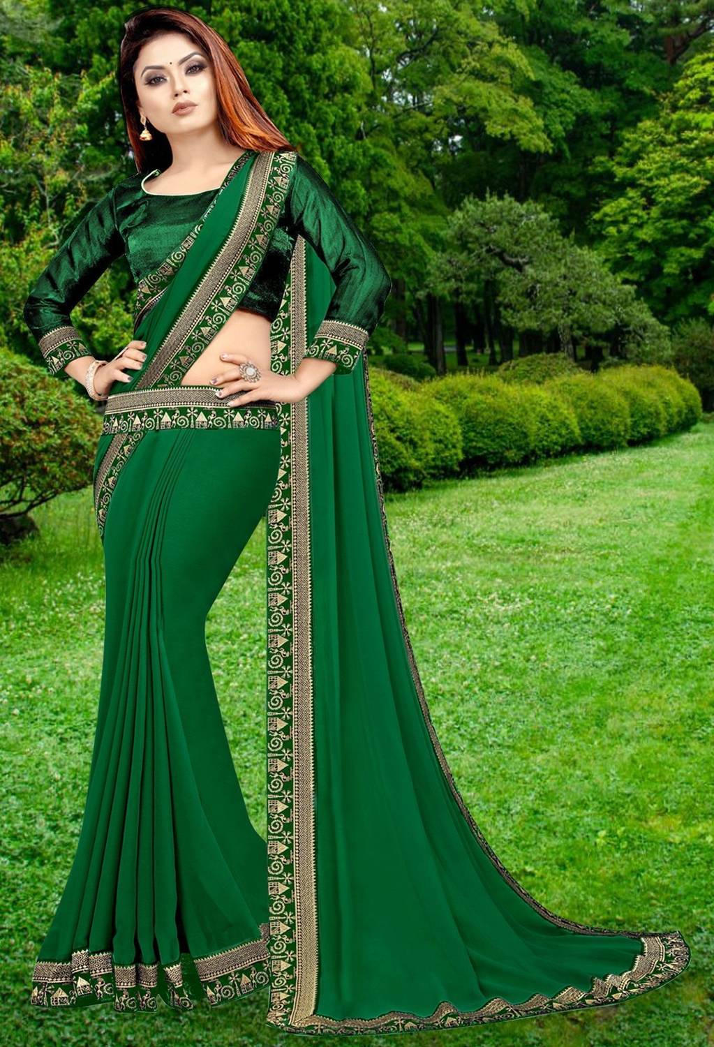 HNC Retail Solid/Plain Bollywood Lycra Blend, Chiffon Saree (Gree