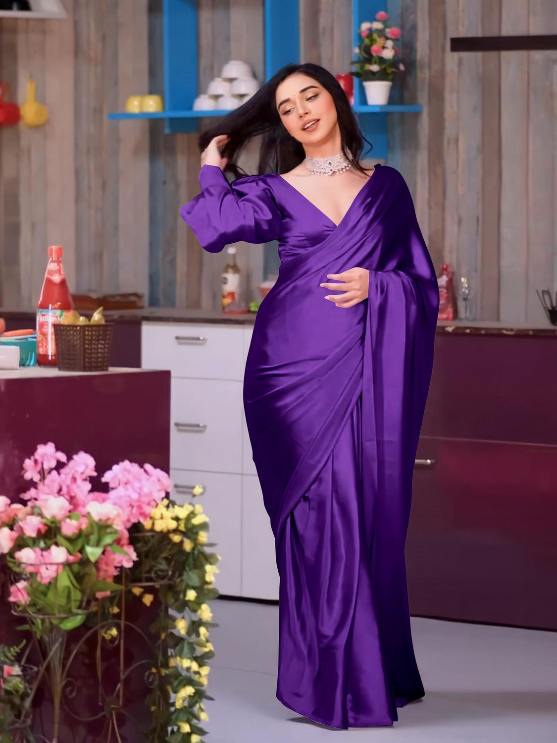 Image of TIMEERAA Solid /Plain Bollywood Satin Saree