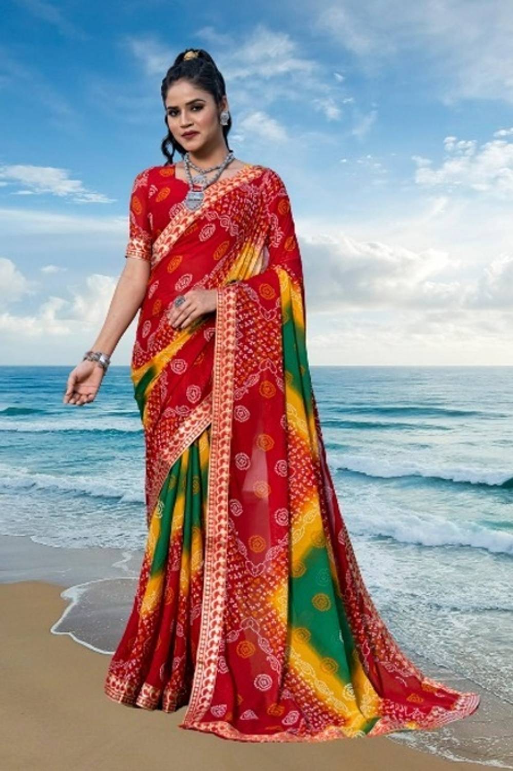 Kanooda Prints Printed Bandhani Georgette Saree (Red, Green)