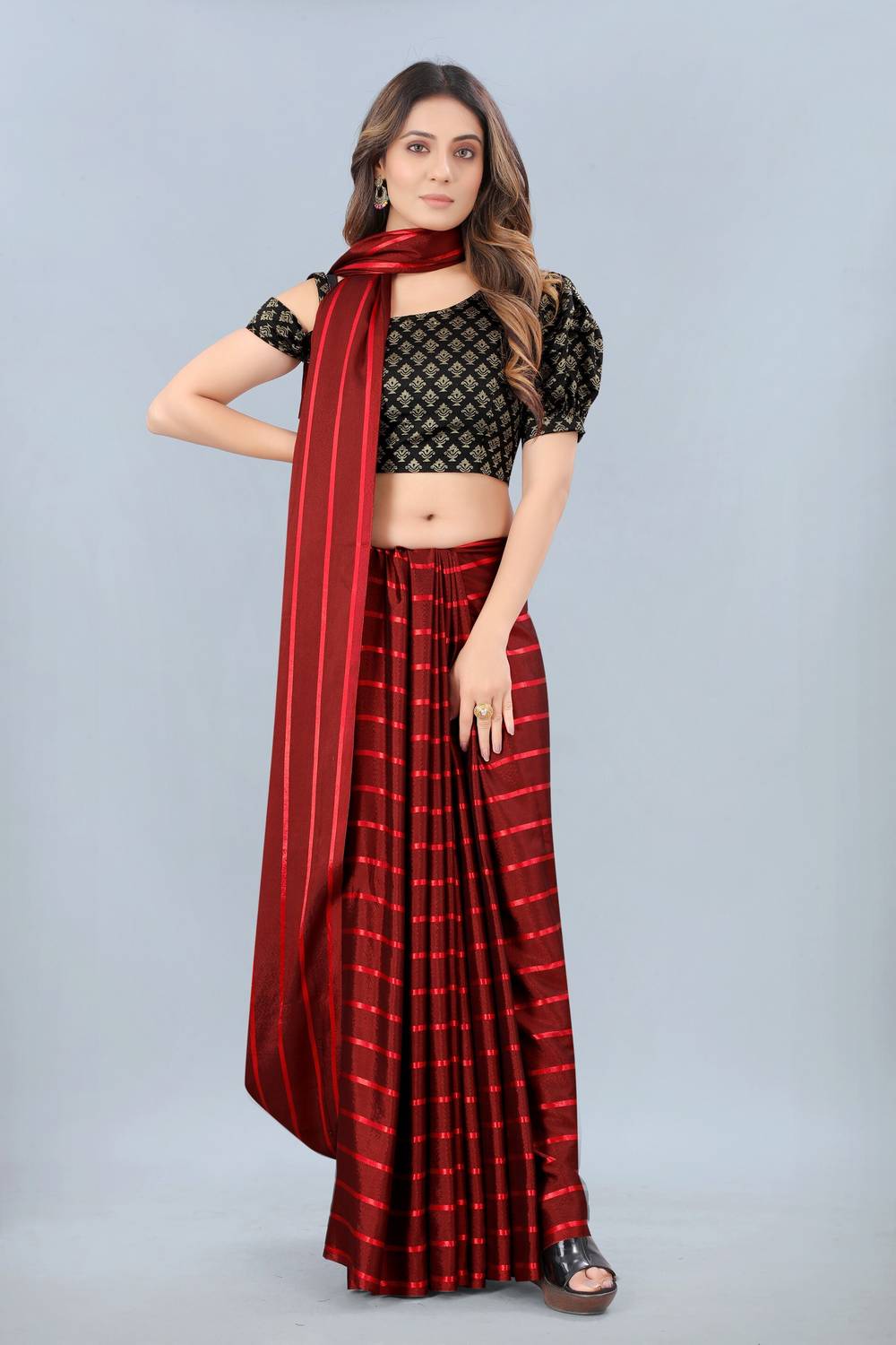 3Buddy Fashion Striped Daily Wear Satin Saree