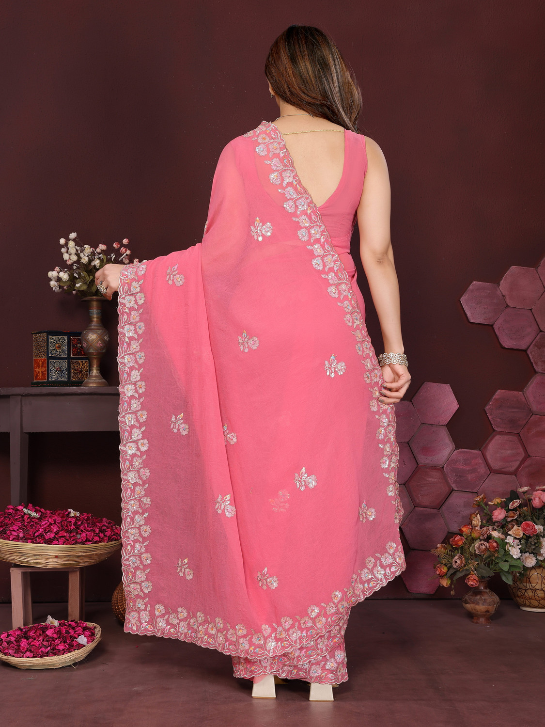 Image of ShreeNazaaraa Embroidered, Floral Print Bollywood Georgette Saree
