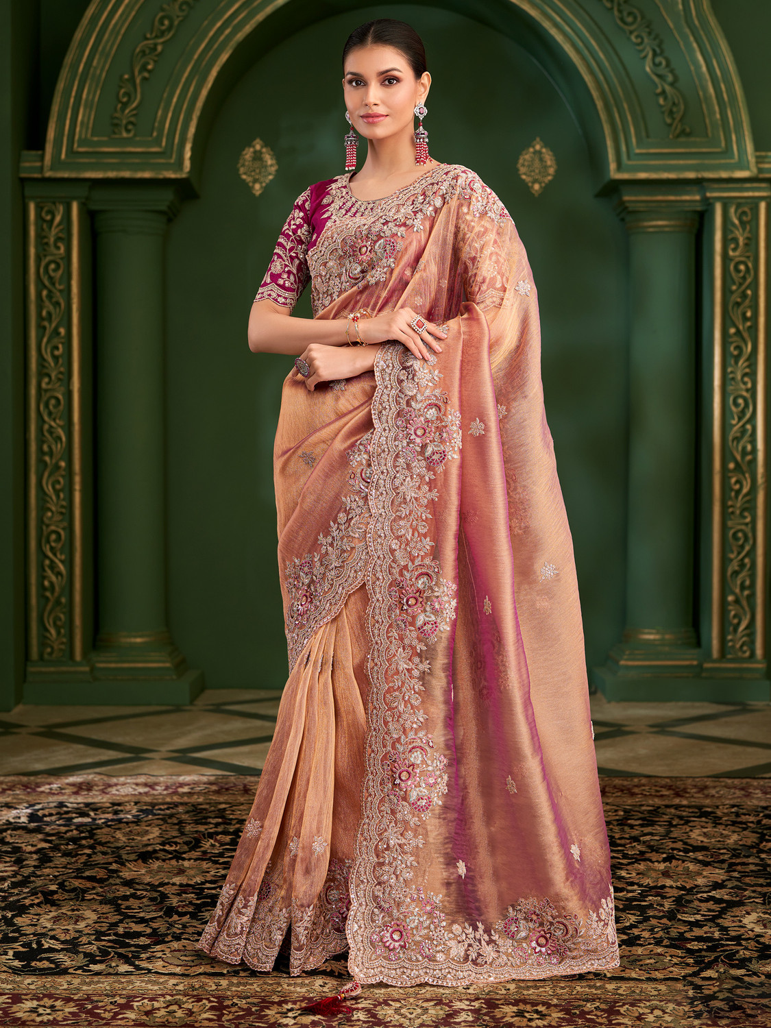 Image of House of Pataudi Embroidered, Floral Print, Self Design Bollywood Tissue Saree