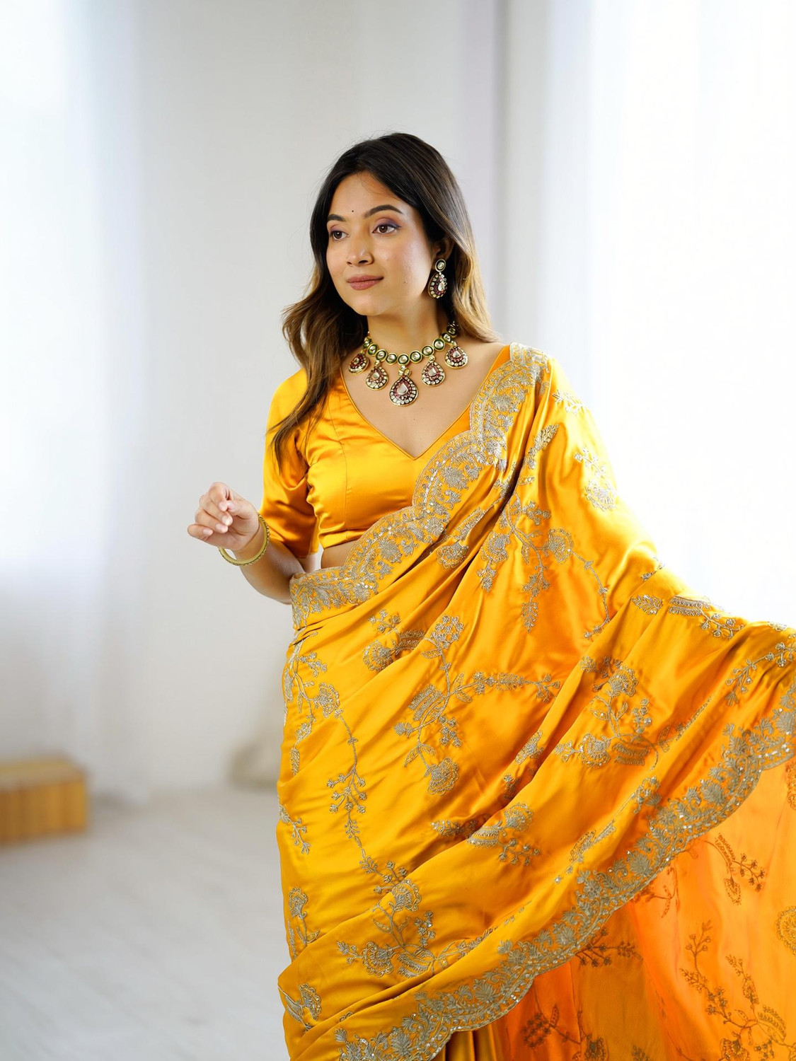 SARETRA MALL Embroidered Bollywood Satin Saree