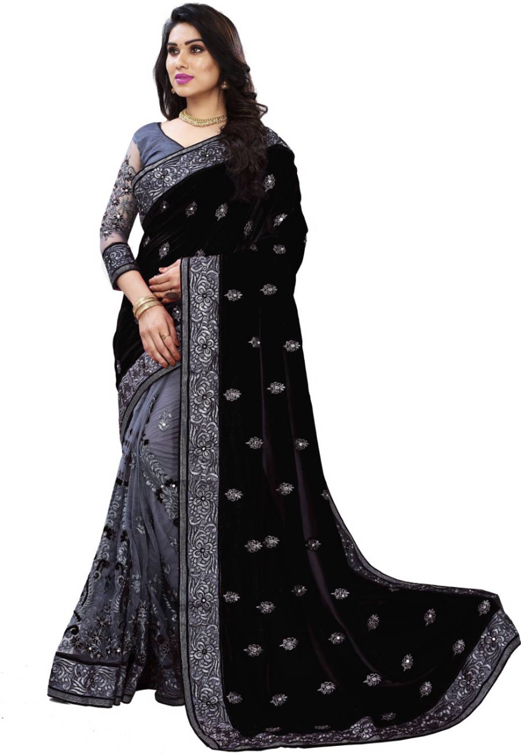 STOREVIEW Embellished Bollywood Net, Art Silk Saree (Black)