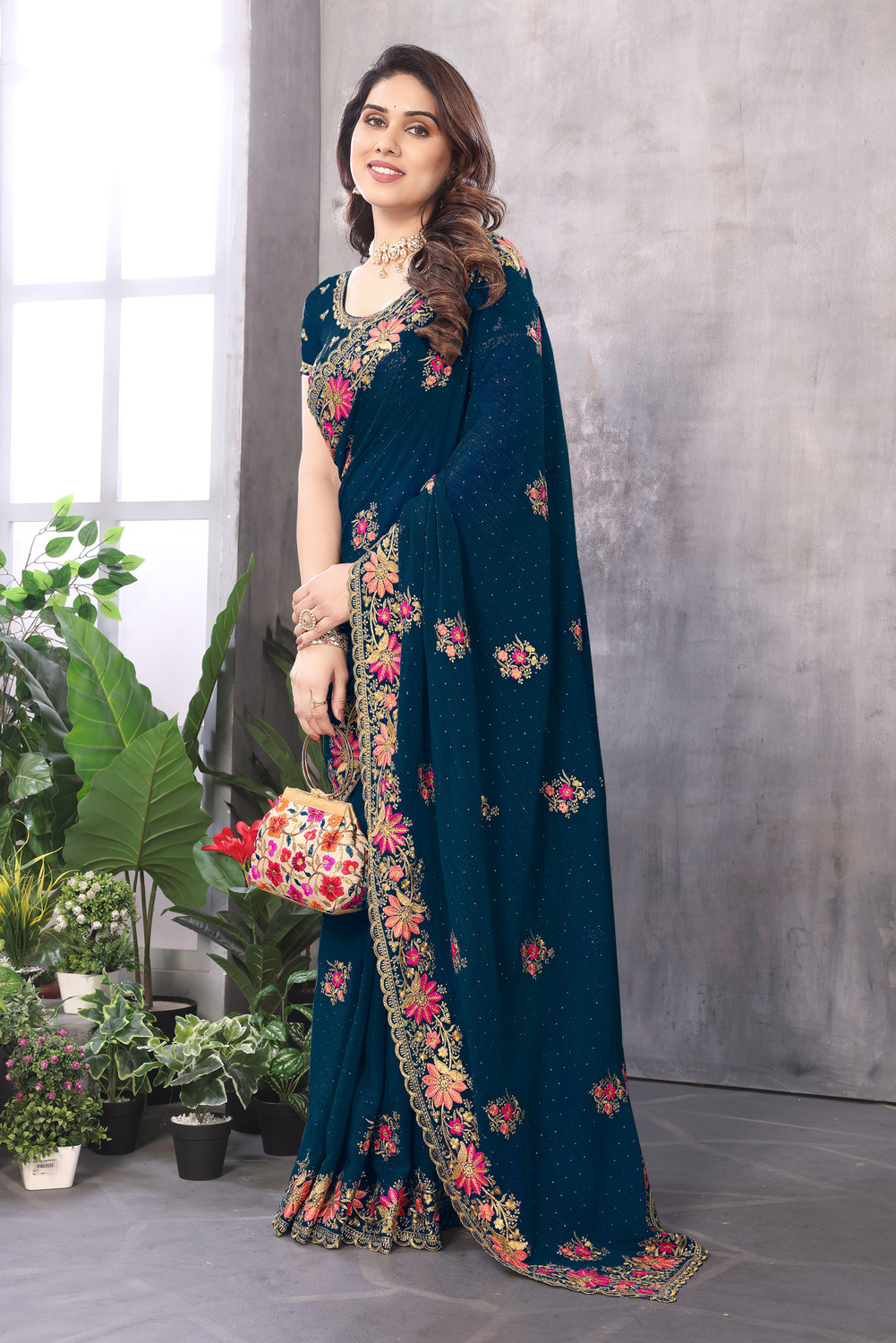 Image of Radheradhey Embroidered, Floral Print Bollywood Georgette Saree