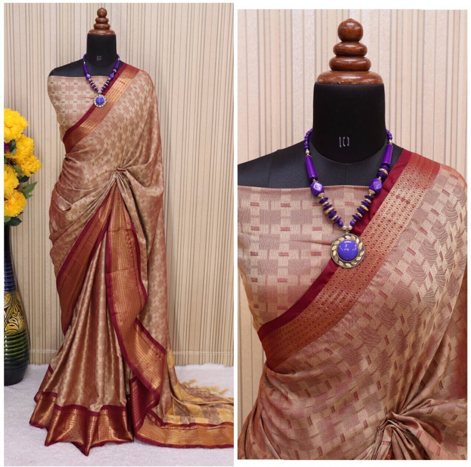 WINKLECART Woven Narayanpet Cotton Silk Saree (Maroon, Beige)