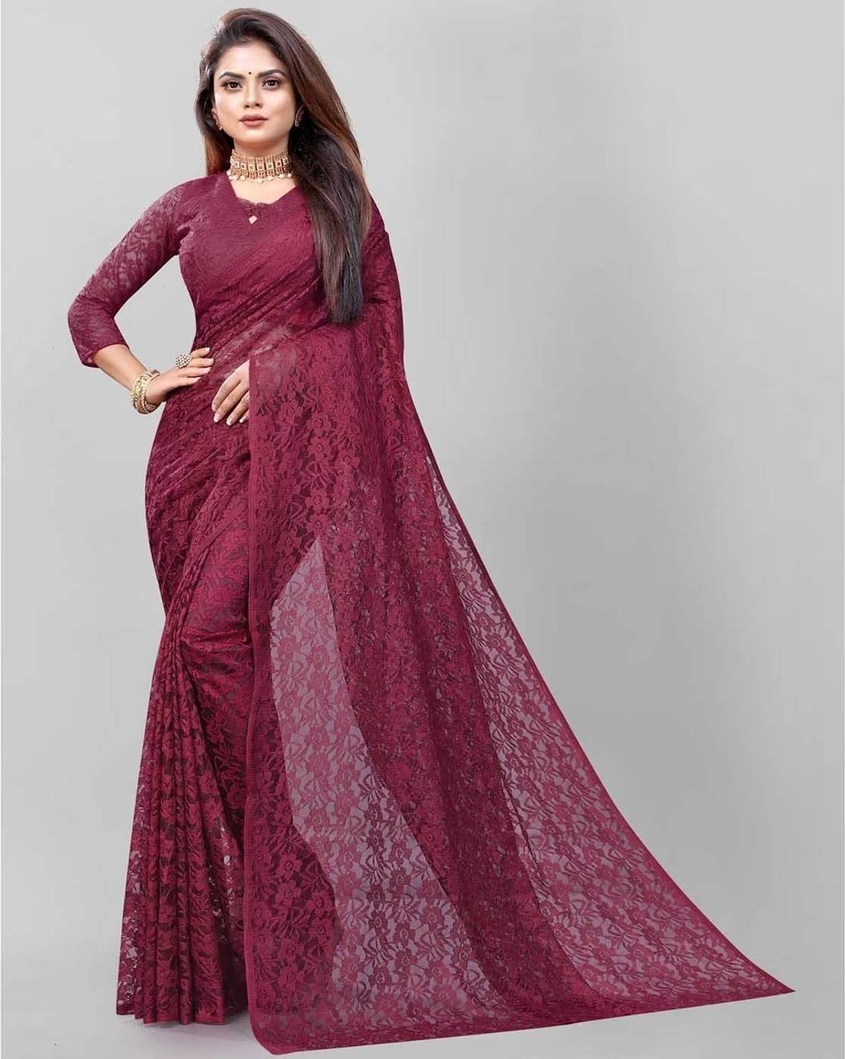 Cherry tex Floral Print Bollywood Net Saree