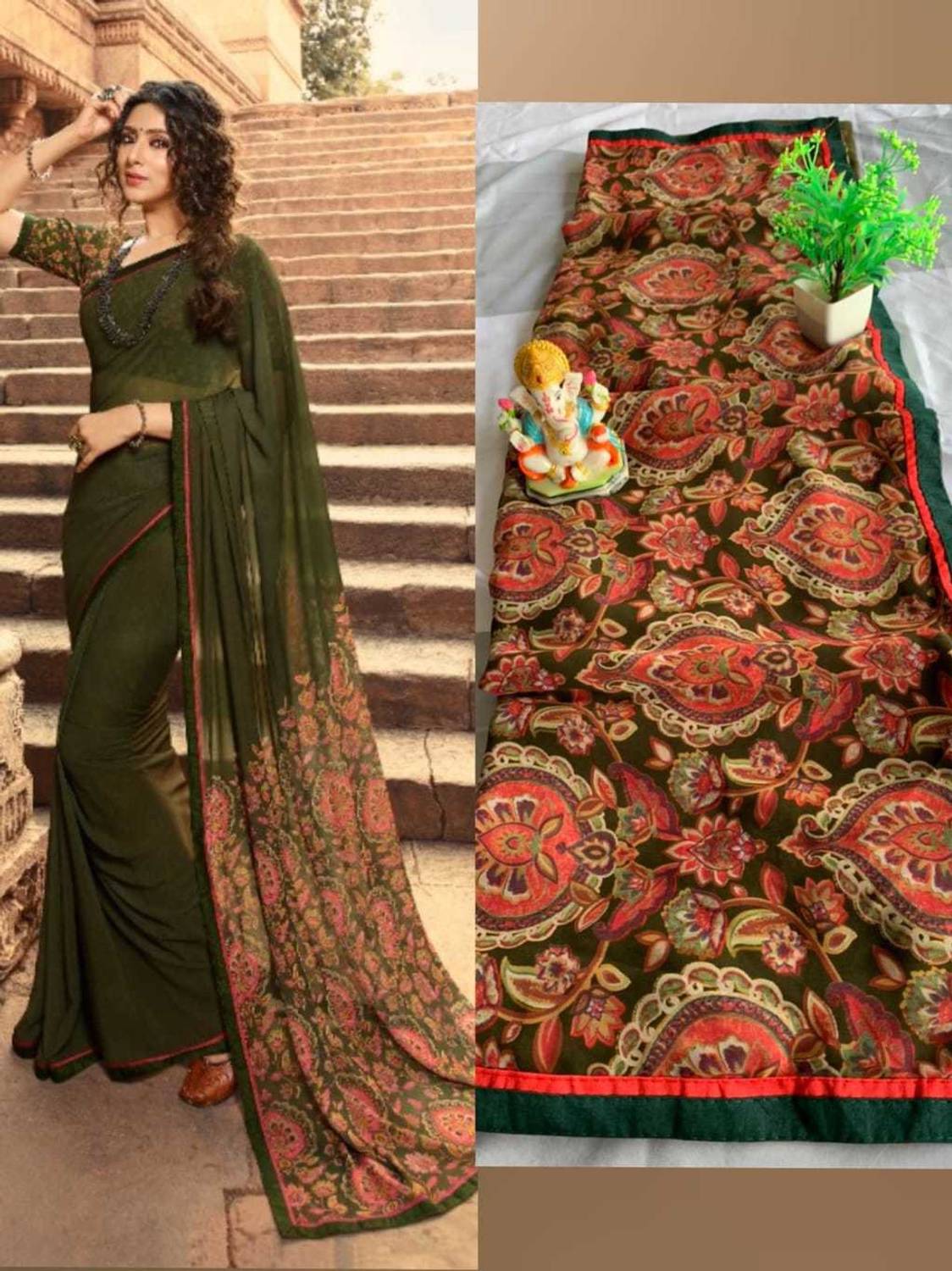 BLEESBURY Printed, Self Design, Geometric Print, Graphic Print, Floral Print, Polka Print, Solid/Plain Bollywood Georgette, Chiffon Saree