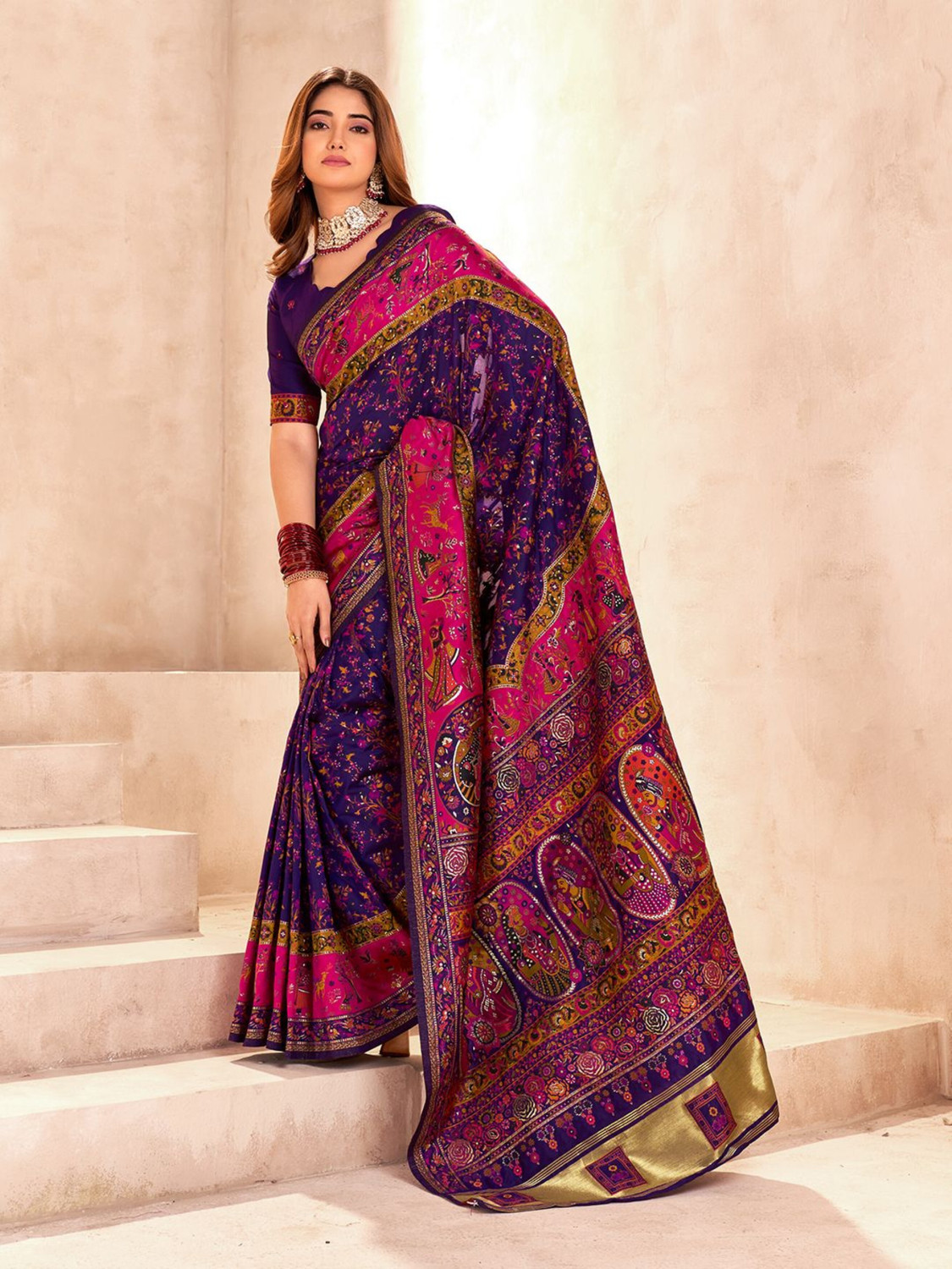 Image of HouseOfCommon Woven Madhubani Semi-Pashmina Saree